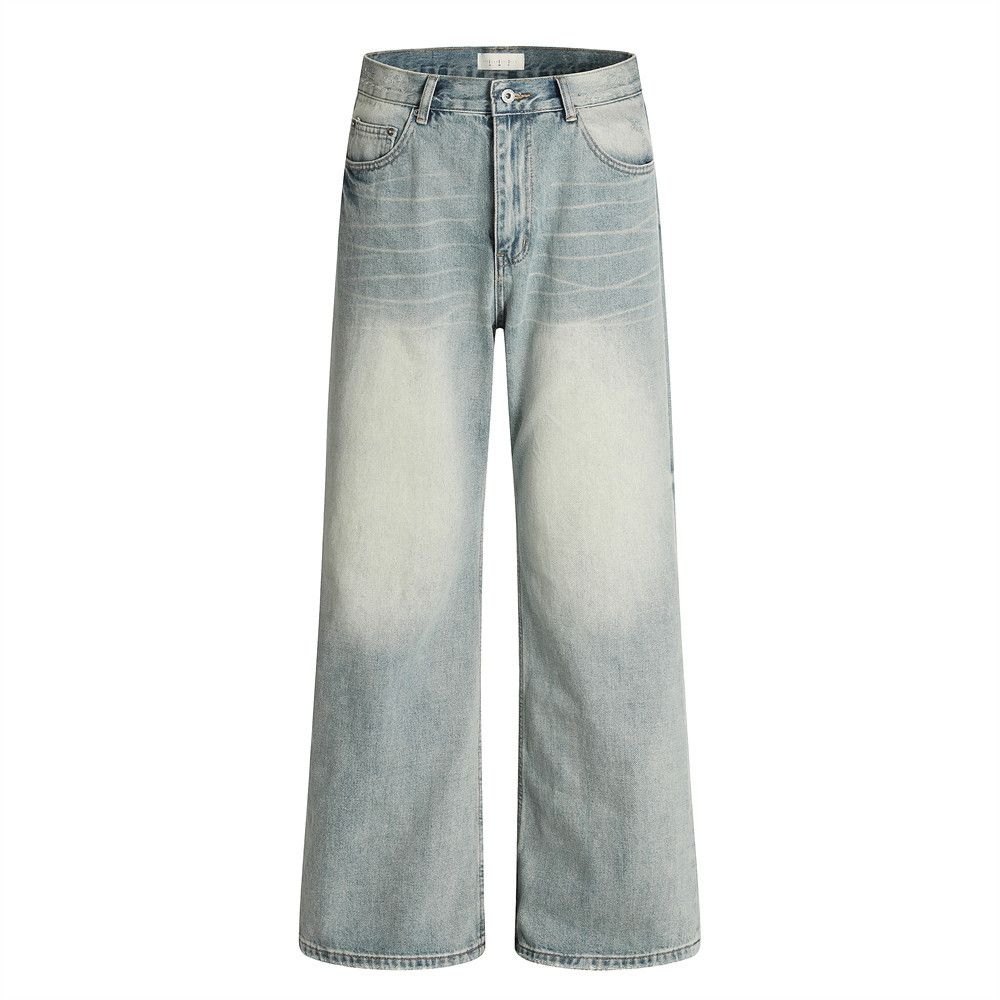 Punk Washed Jeans Men's Vintage Gradient Faded Wide-Leg Straight Long Versatile Basic Dad Pants Trendy_mkmklike.com