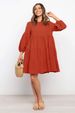 Women's 2023 Cotton and Hemp Lantern Sleeves Long Sleeve Spliced Loose Swing Dress_mkmklike.com