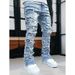 Men's Clothing Stretch Patchwork Layered Straight Leg Jeans For Women & Men - Comfortable Cotton Denim Pants With Floral Print (Blue, Pink, Khaki)_mkmklike.com