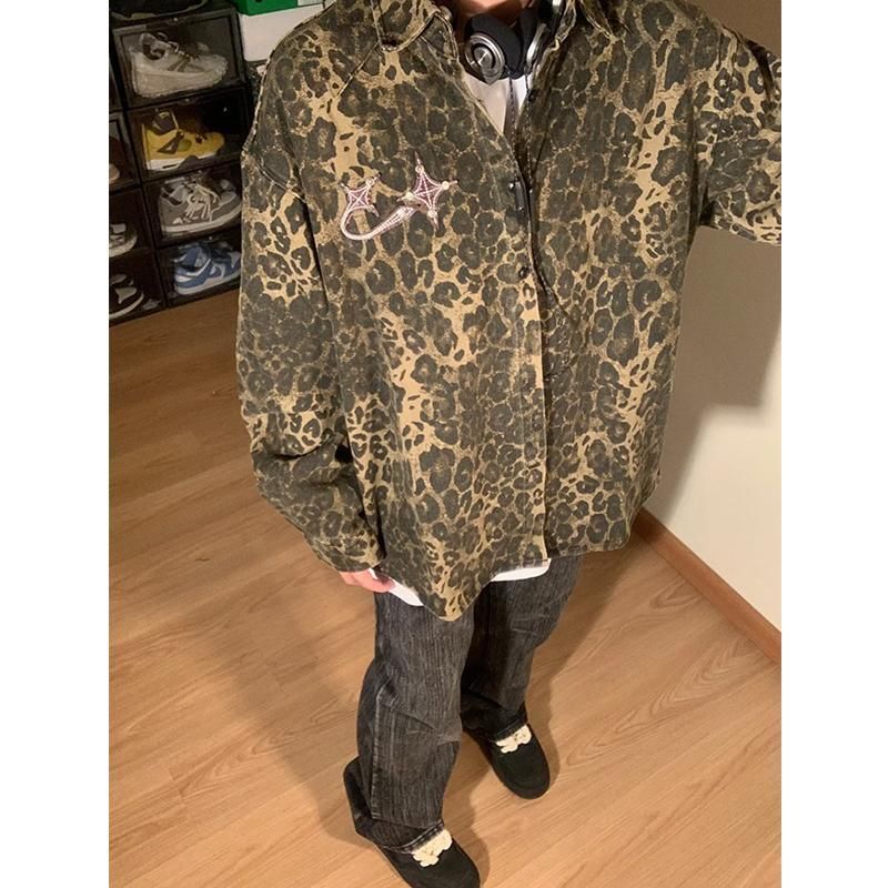 2024 Spring And Early Autumn American High Street Leopard Print Washed Denim Shirt Men's Loose Couple Jacket Trend_mkmklike.com