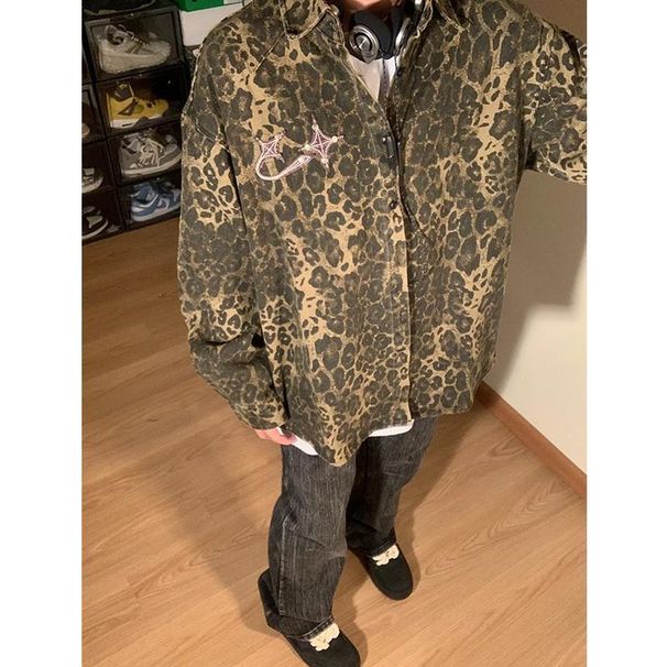2024 Spring And Early Autumn American High Street Leopard Print Washed Denim Shirt Men's Loose Couple Jacket Trend_mkmklike.com