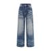 Color-Block Washed Denim Straight-Leg Men's High Street Water Ripple Distressed Loose Casual Pants_mkmklike.com