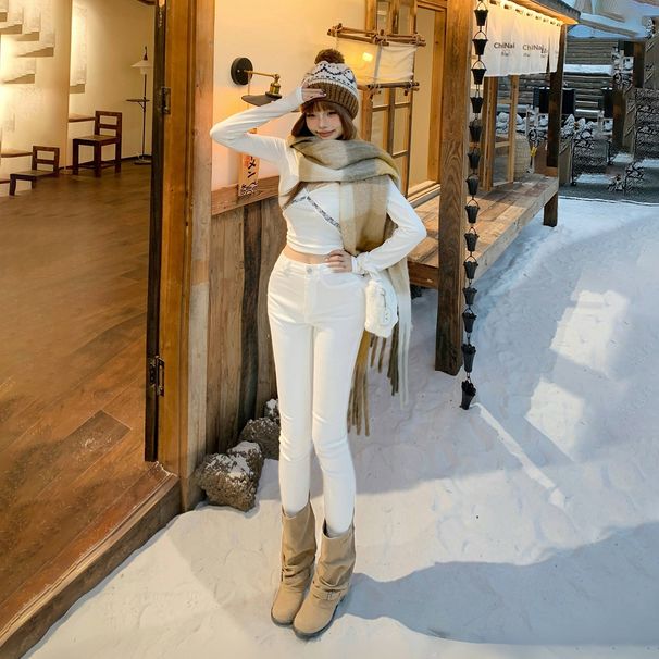 YC&American Retro Stretchy White Autumn And Winter Cropped Pants Versatile Slim-fit Skinny Jeans For Women New Style_mkmklike.com