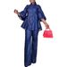 K Women's New Pure Color Denim High Neck Button Straight Leg Pants Suit;_mkmklike.com