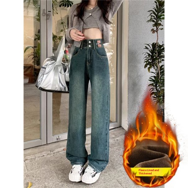 Retro High-waisted Fleece-lined Straight-leg Jeans For Women, New Winter Style, Thickened, Loose-fitting, Slimming,_mkmklike.com