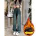 Retro High-waisted Fleece-lined Straight-leg Jeans For Women, New Winter Style, Thickened, Loose-fitting, Slimming,_mkmklike.com