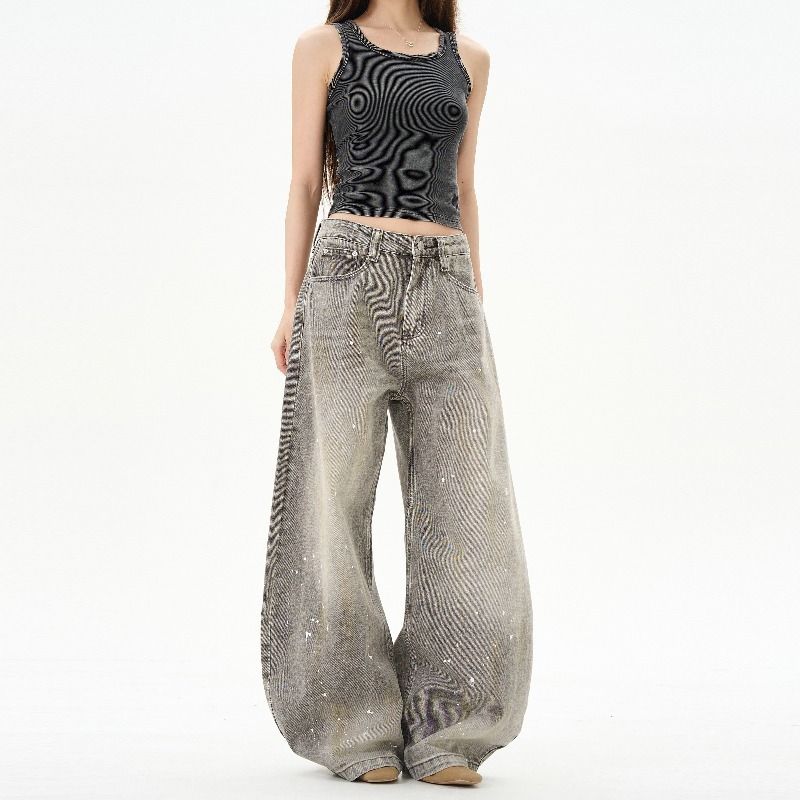 Vintage Washed High Street Splatter Paint Men's Loose Fit Jeans - Retro Streetwear Unisex Pants With Artistic Design_mkmklike.com