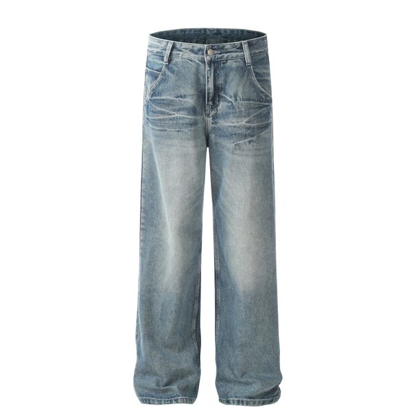 Men's Clothing 2025 Neutral Trendy Washed Blue Design High End Men's Straight Loose Jeans_mkmklike.com