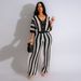 Women's clothing sexy ladies V-neck hollow striped lapel knitted wide pants suit_mkmklike.com