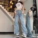 Women's Embroidered High Waist Wide Leg Jeans Five Pointed Star Appliqué Unique Straight Leg Floor Length Pants Spring Autumn Style Loose Fit_mkmklike.com