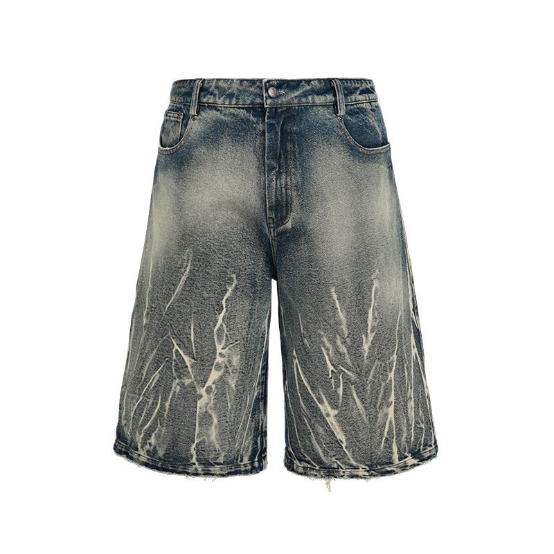Lightning Pattern Floral Denim Cropped Shorts 14oz Over The Knee Casual Mid Length Pants Wide Leg Shorts Men's Trend_mkmklike.com