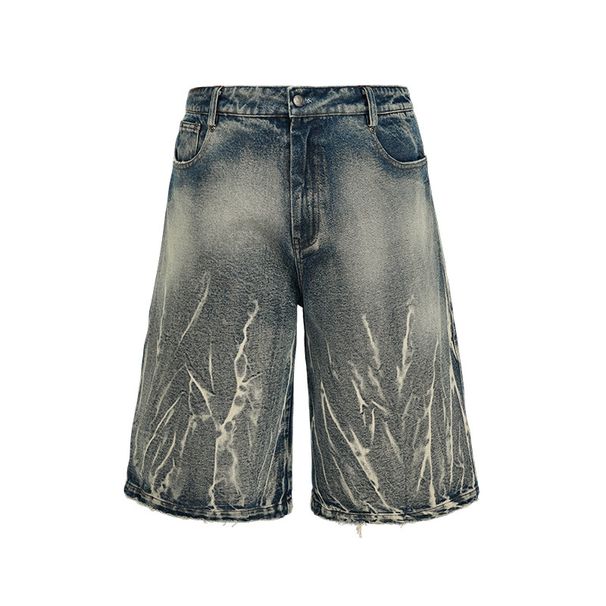 Lightning Pattern Floral Denim Cropped Shorts 14oz Over The Knee Casual Mid Length Pants Wide Leg Shorts Men's Trend_mkmklike.com