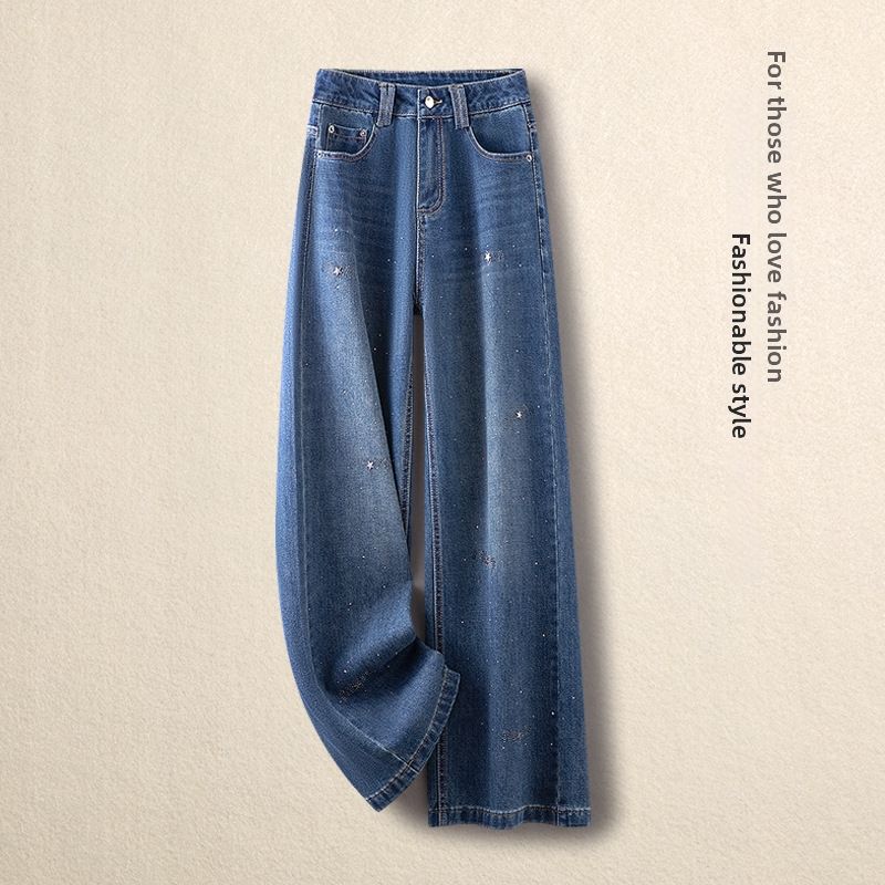 Women's High-Waisted Wide Leg Jeans Slim Fit Rhinestone Embellished Straight Leg Loose Fit Slimming Fashionable Spring Style_mkmklike.com