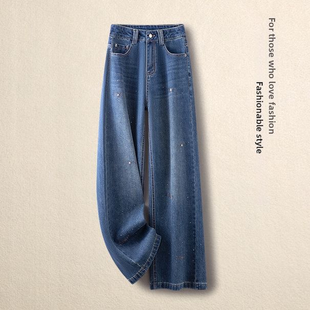 Women's High-Waisted Wide Leg Jeans Slim Fit Rhinestone Embellished Straight Leg Loose Fit Slimming Fashionable Spring Style_mkmklike.com