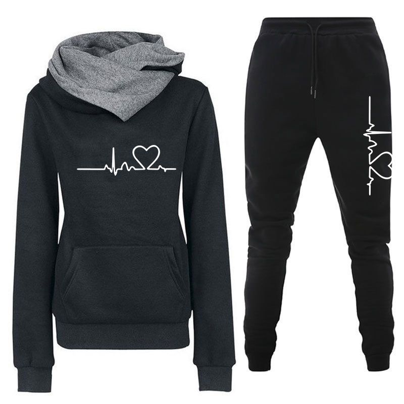 Women's Clothing Women's sweater suit, hoodie, two piece set, electrocardiogram, love map, trendy new style, women's trousers, long sleeves_mkmklike.com