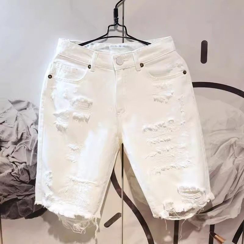 Men's White Ripped Jeans Loose Fit Straight Leg Casual Summer Style mid Length Trendy Five Point Pants_mkmklike.com