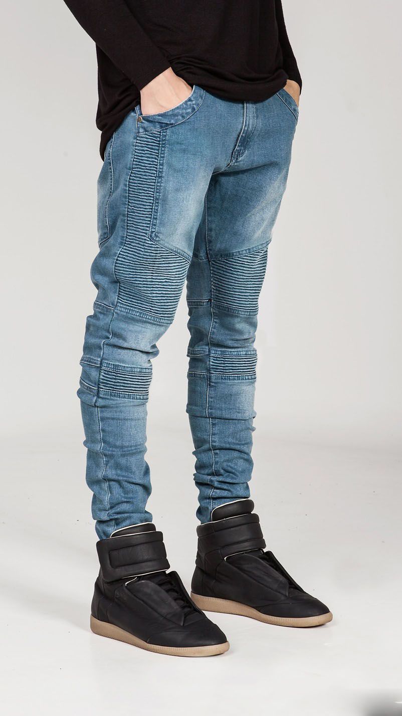 Fashion Brand Motorcycle Pants Pleated Slim Slim Elastic European And American Jeans_mkmklike.com