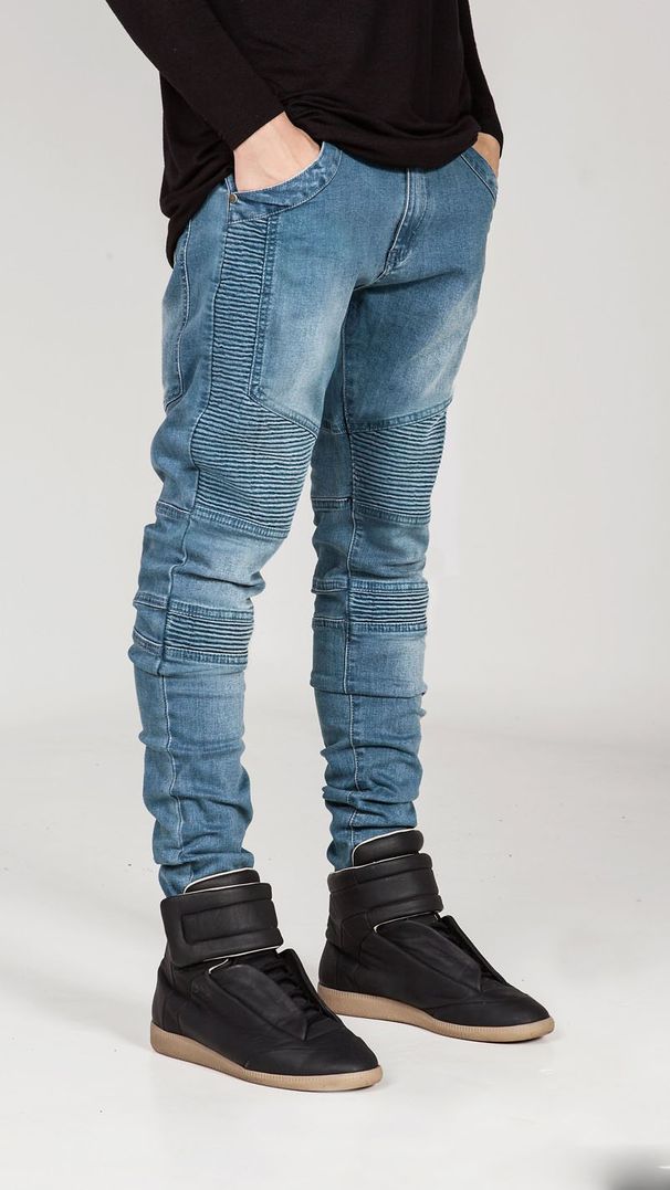 Fashion Brand Motorcycle Pants Pleated Slim Slim Elastic European And American Jeans_mkmklike.com