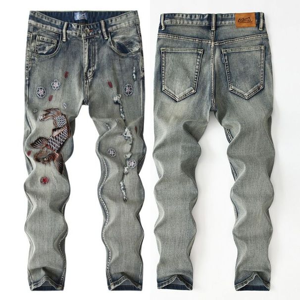 American Retro Koi Embroidered Jeans Men's National Style Fattened Plus Size Heavy Industry Old High Street Ripped Jeans_mkmklike.com