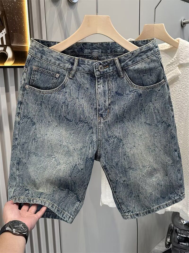 Men's Cool Stylish Water Ripple Jacquard Denim Shorts High Street Trendy Casual Five Point Mid Length Summer Pants_mkmklike.com