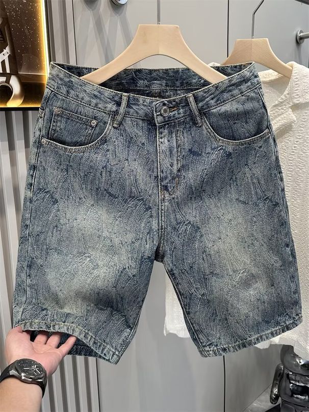 Men's Cool Stylish Water Ripple Jacquard Denim Shorts High Street Trendy Casual Five Point Mid Length Summer Pants_mkmklike.com