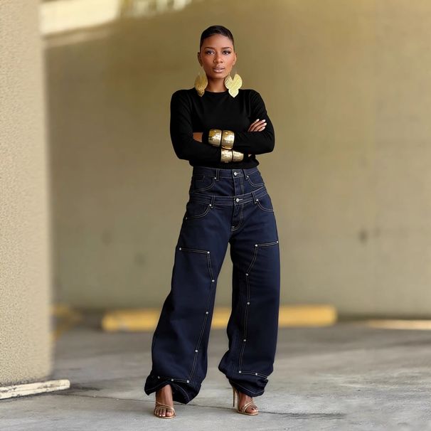 Women's Double Waistband Studded Patchwork Jeans England Style Fashion Denim Regular Fit For Spring/Autumn Summer_mkmklike.com