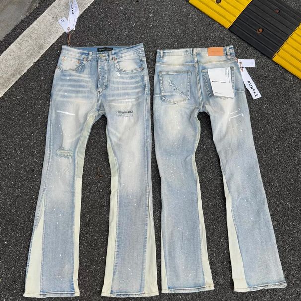 Unisex Cleanfit Stacked Flared Jeans, Light Mud Fade, Side Panel, Splatter & Ripped Knees, Breathable For Summer_mkmklike.com