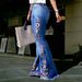 Retro Dark Blue Embroidered Flared Jeans High Waisted Floor Length Women's Pants All Seasons Cross Border Style_mkmklike.com