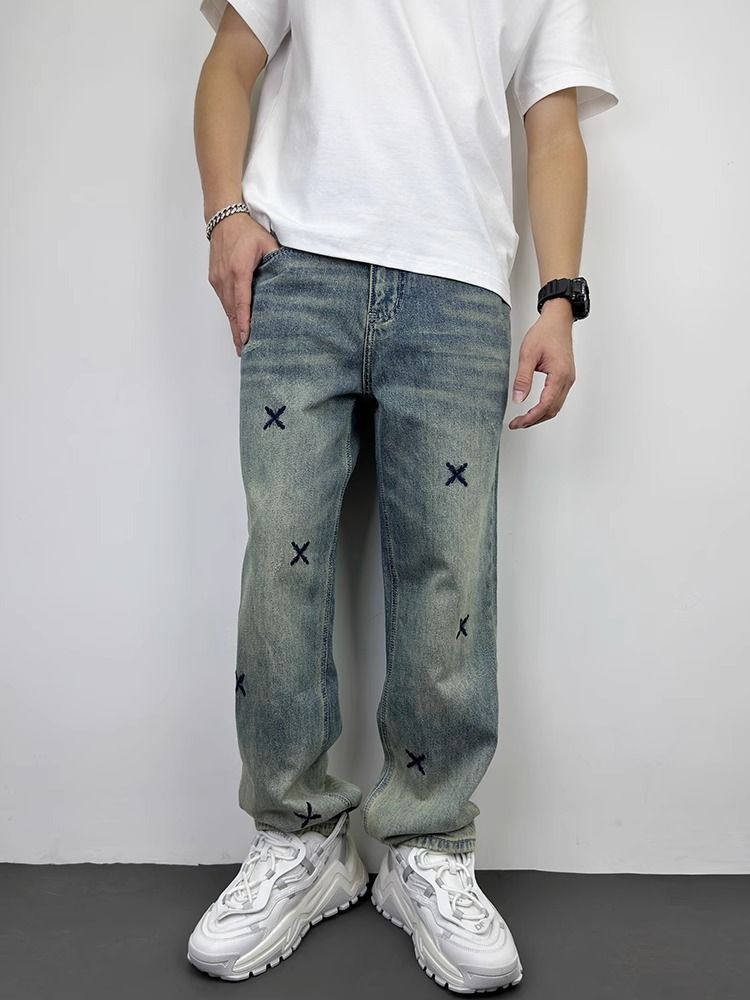 Autumn Casual Handsome Heavy Washed Retro Embroidered Jeans Men's Straight Loose Versatile Wide Leg Pants_mkmklike.com