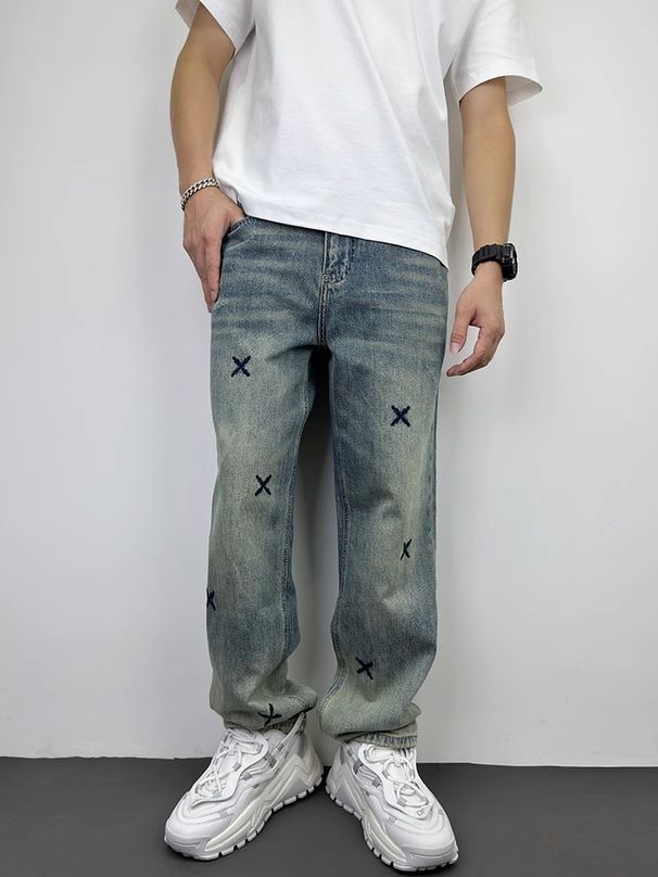 Autumn Casual Handsome Heavy Washed Retro Embroidered Jeans Men's Straight Loose Versatile Wide Leg Pants_mkmklike.com