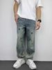 Autumn Casual Handsome Heavy Washed Retro Embroidered Jeans Men's Straight Loose Versatile Wide Leg Pants_mkmklike.com