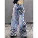 Women's Clothing Floral Embroidered High-Waisted Jeans For Women - Trendy Streetwear Wide-Leg Denim Pants With 3D Flower Details_mkmklike.com