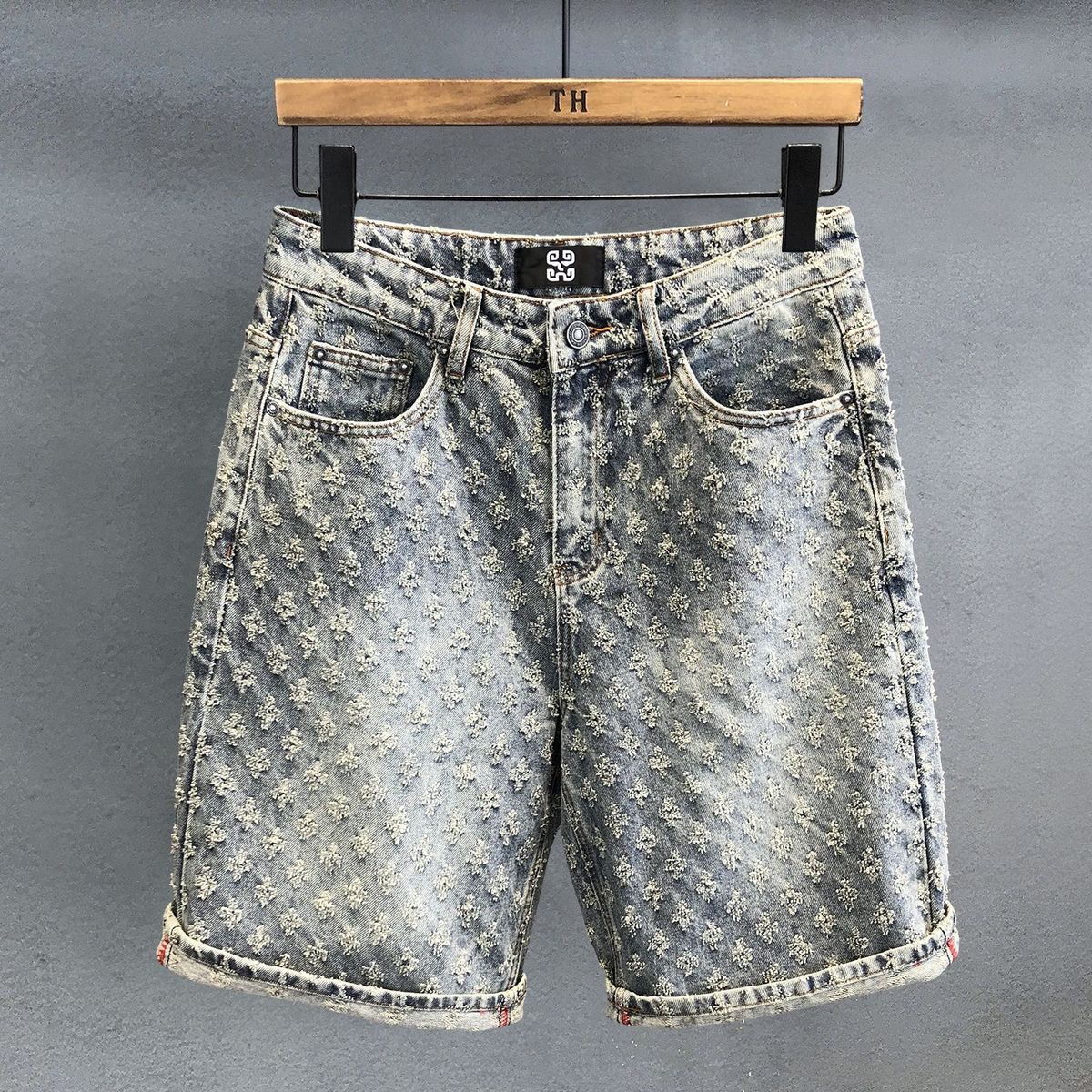 Men's Trendy High Street Jacquard Ripped Denim Shorts Design Niche Loose Straight Retro Five Point Summer Pants_mkmklike.com