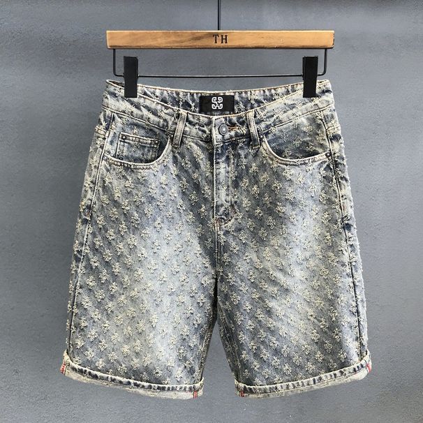 Men's Trendy High Street Jacquard Ripped Denim Shorts Design Niche Loose Straight Retro Five Point Summer Pants_mkmklike.com