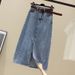 "High Waist Denim Skirt With Side Slit - Retro Light Blue Stretch Jean Pencil Skirt For Women, Mid-Length Slim Fit Summer Skirt"_mkmklike.com