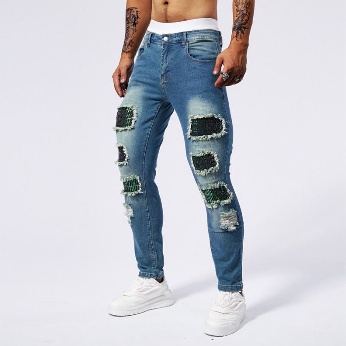 Men's Clothing Distressed Sequined Mid-Rise Stretch Ripped Jeans American Style Flattering Fit_mkmklike.com