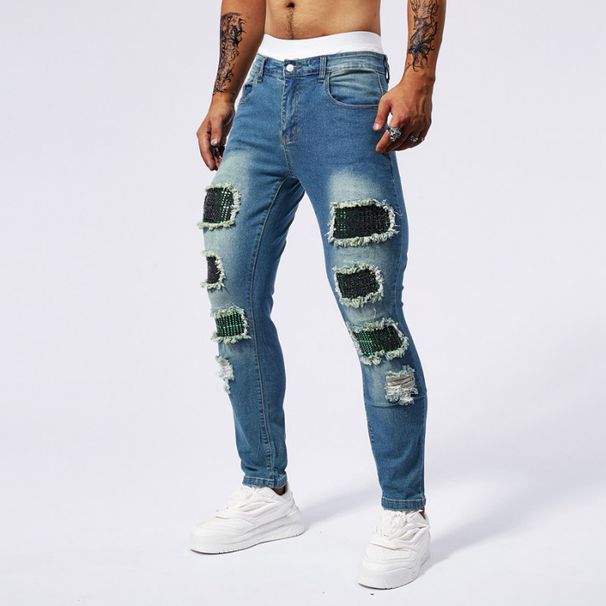 Men's Clothing Distressed Sequined Mid-Rise Stretch Ripped Jeans American Style Flattering Fit_mkmklike.com