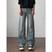 Men's High Street Lightning Bolt Jeans – Distressed Wide-Leg Denim Pants With Asymmetric Zipper_mkmklike.com