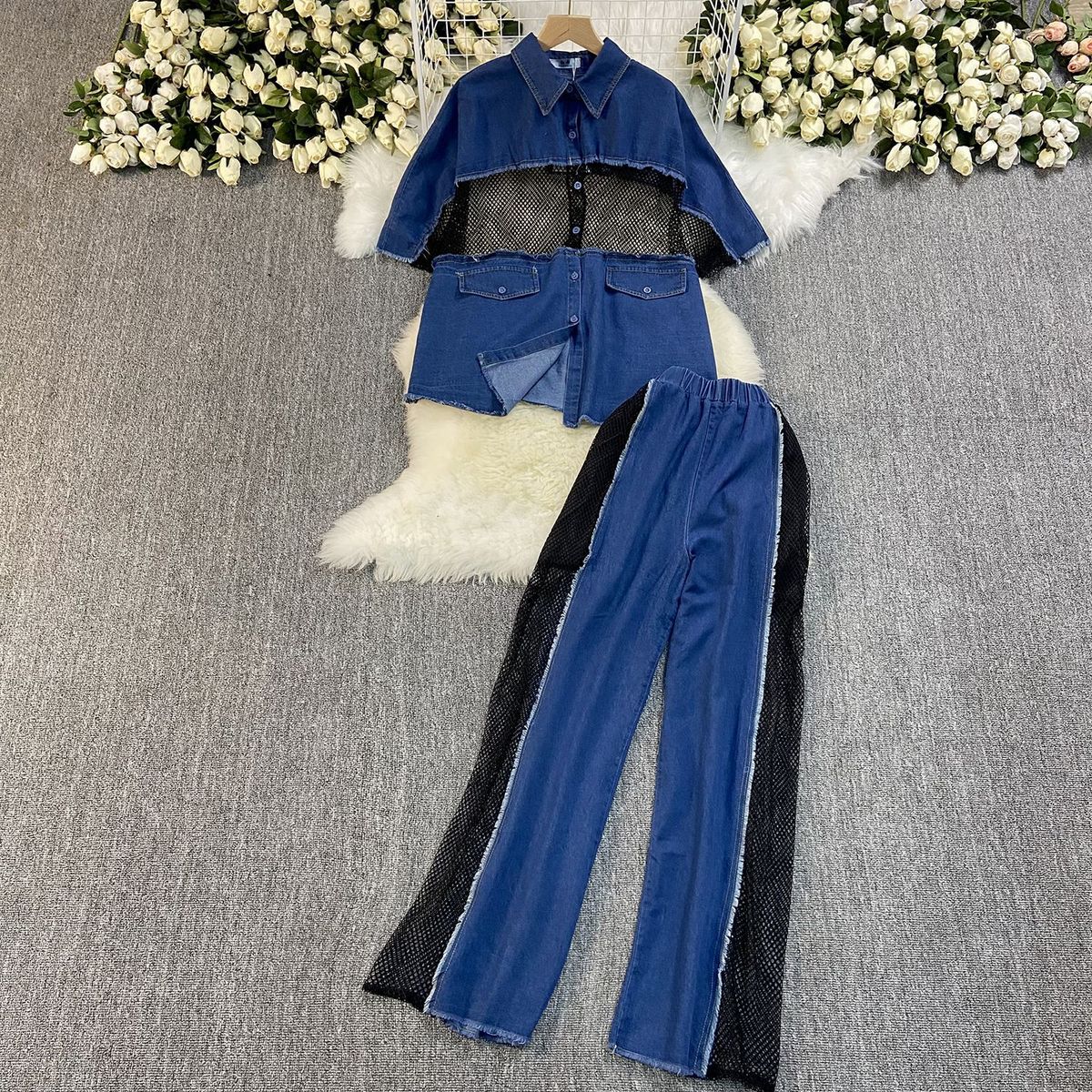 Women's Clothing Summer New Fashion Casual Short Sleeved Shirt Wide Leg Trousers Contrast Color Mesh Fabric Splicing Denim Suit Women_mkmklike.com