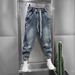 Men's Light Blue Distressed Jeans – Loose Fit Cargo Pants With Adjustable Drawstring & Cuffed Hem, Streetwear Harem Style (S-Xxxl)_mkmklike.com