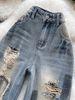 Women's Vintage Distressed High-Waisted Flared Jeans – Retro Blue Wide-Leg Denim Pants With Raw Hem & Ripped Details_mkmklike.com