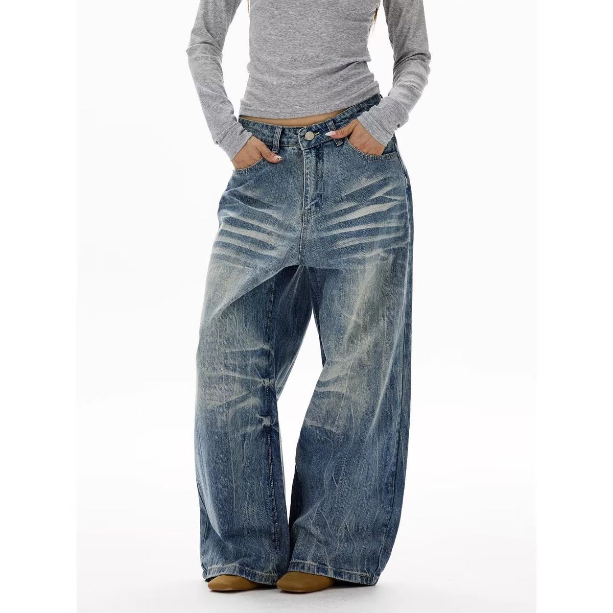 Retro Washed Distressed Wide Leg Scimitar Jeans Whiskered American Style Factory Direct Sales For Men And Women New Arrivals_mkmklike.com