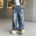 Men's Clothing Oversized Straight Leg Jeans – Streetwear Distressed Denim Pants With Hand-Painted Graffiti (S-3XL, Blue Wash, No Stretch)_mkmklike.com