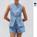 Women's Clothing Fashion Sleeveless Waist High Waist Loose Denim Shorts Set_mkmklike.com