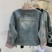 Women's Chinese Style Denim Jacket, Vintage Frog Button Floral Embroidered Jean Coat, Pink Trim Stand Collar Cropped Casual Outerwear For Daily Street_mkmklike.com