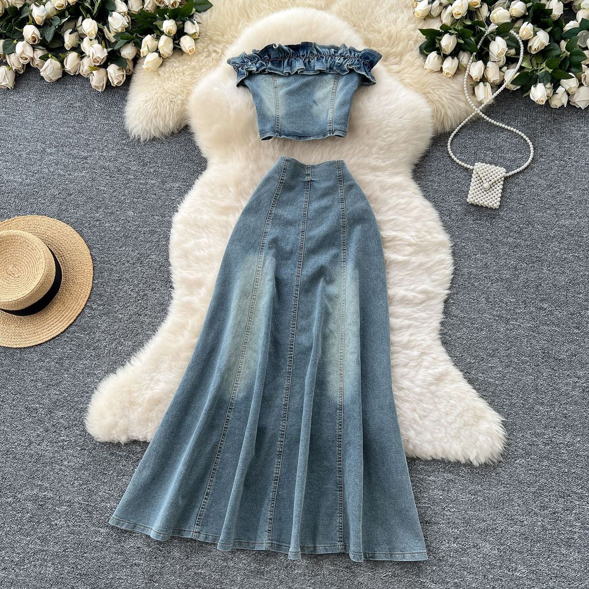 Women's Clothing Suit For Women Summer Design Wood Ear Edge Tube Top Vest High Waist Fishtail Skirt_mkmklike.com