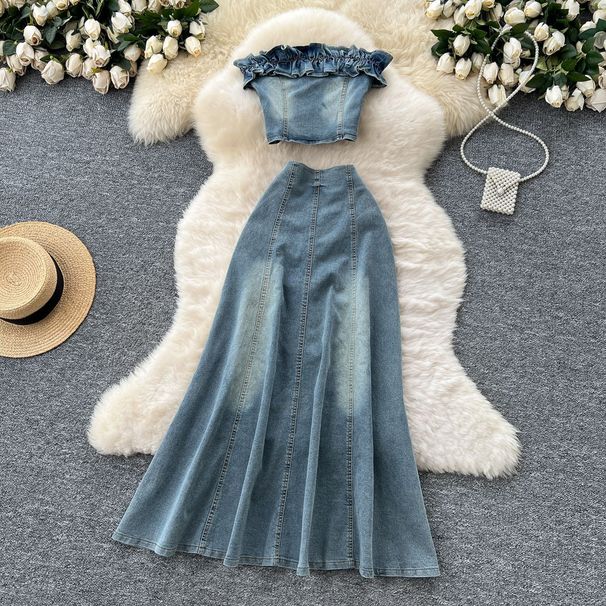 Women's Clothing Suit For Women Summer Design Wood Ear Edge Tube Top Vest High Waist Fishtail Skirt_mkmklike.com