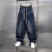 Men's Distressed Denim Jeans – Relaxed Straight Fit High Street Pants With Drawstring Waist (Blue, M-Xxxl)_mkmklike.com