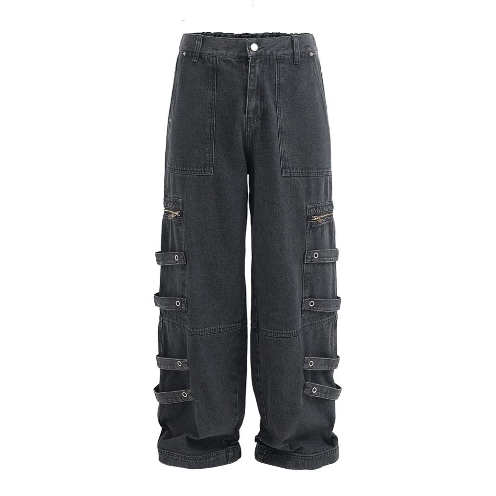 Punk Vintage Washed Workwear Jeans For Men, Trendy Brand With Pocket Zipper Design, Side Straps, Distressed Straight-Leg_mkmklike.com