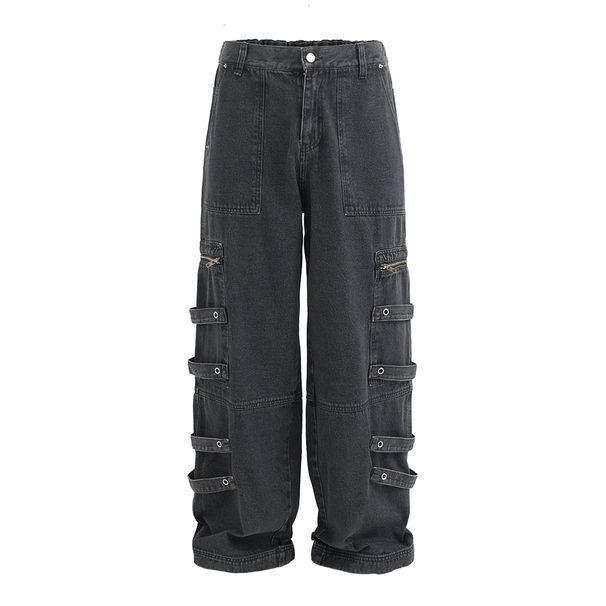 Punk Vintage Washed Workwear Jeans For Men, Trendy Brand With Pocket Zipper Design, Side Straps, Distressed Straight-Leg_mkmklike.com